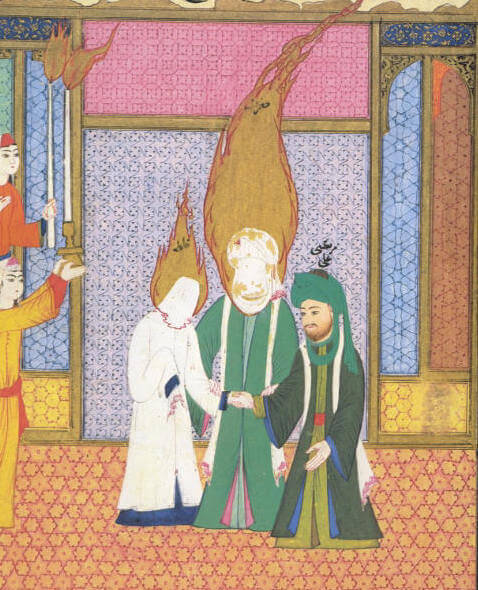 16th-century depiction of Ali (on the right) receiving Fatima from her father Muhammad