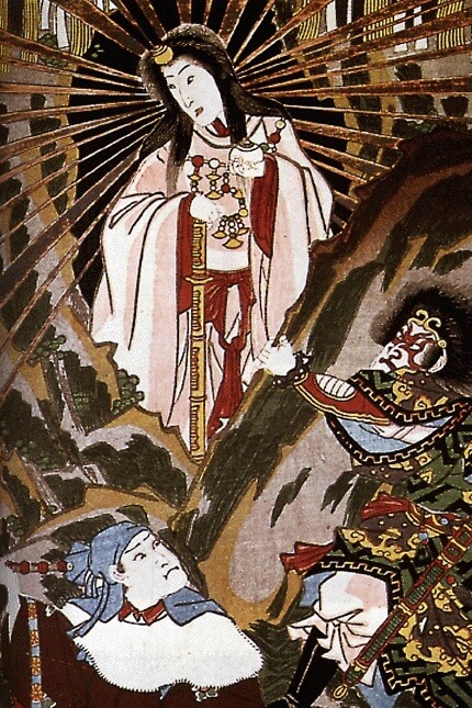 Amaterasu emerging from a cave, a detail from a work by Utagawa Kunisada (1857)
