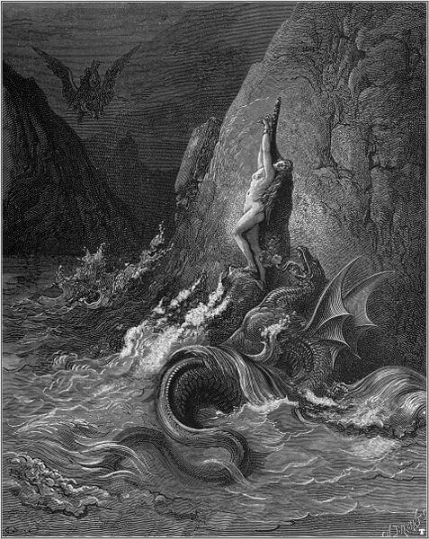Angelica threatened by the sea monster in Dore's 1877 depiction of a scene from Orlando Furioso