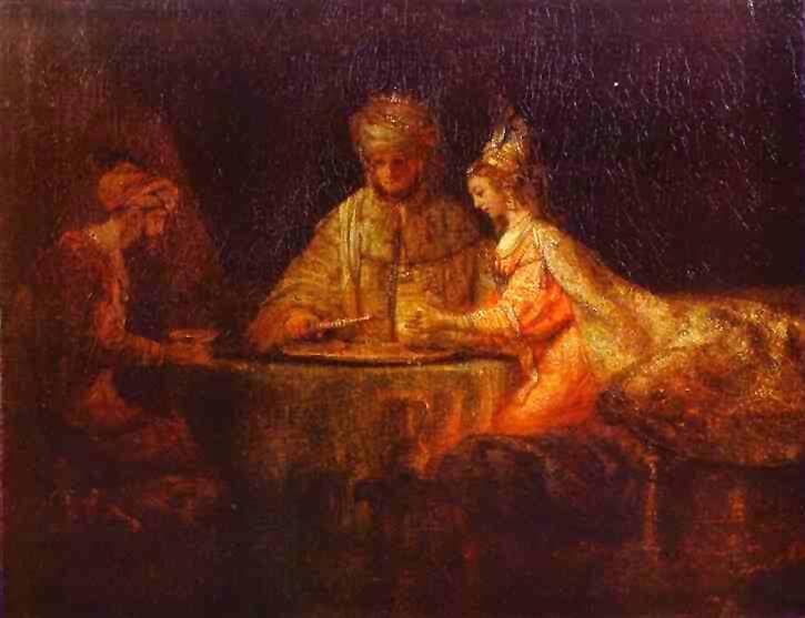 Ahasuerus and Haman at the Feast of Esther by Rembrandt (1660)