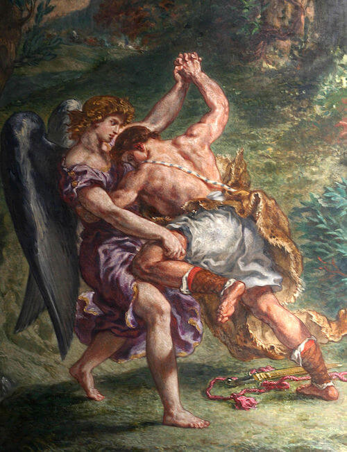 Jacob wrestling the angel, in a detail from a fresco by Eugène Delacroix (1861)