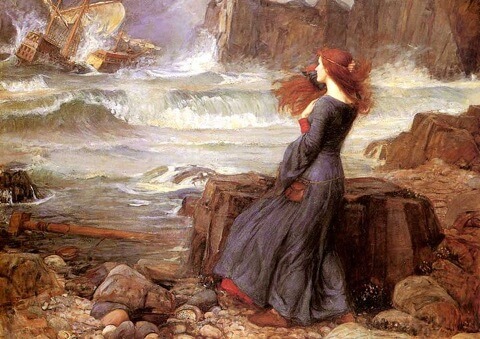 Miranda in an image by John William Waterhouse (1916), based on Shakespeare's play The Tempest