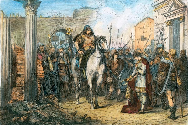 Depiction of Romulus Augustus surrendering the crown to Odovacar by Hermann Knackfuss (c. 1880)