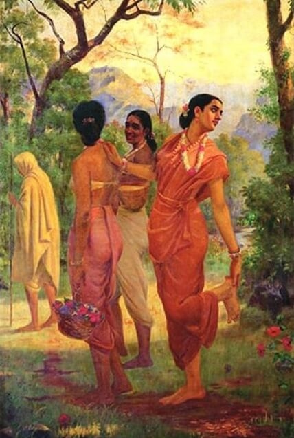 Shakuntala looking back to glimpse Dushyanta by Raja Ravi Varma (1898)