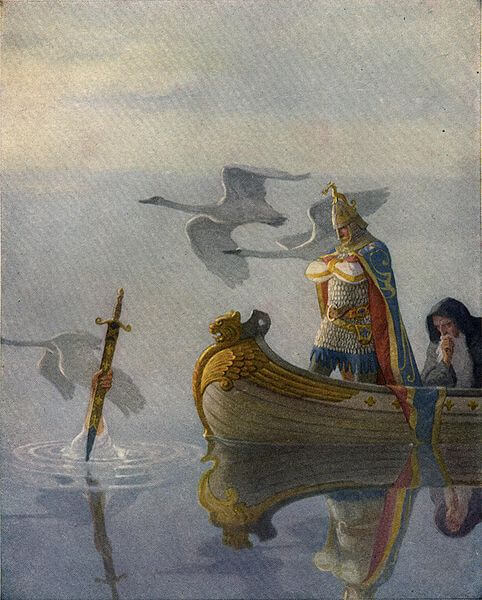 Depiction of Arthur receiving Excalibur, by N. C. Wyeth (1922)