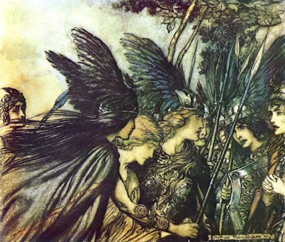 Brünhild bringing Sieglinde to her surprised sisters, by Arthur Rackham (1910)