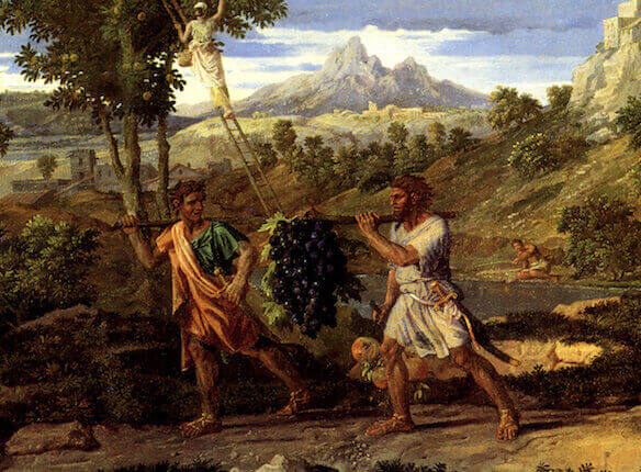 Israelite spies (presumably Caleb and Joshua) carrying grapes in a painting by  Nicolas Poussin (1664)
