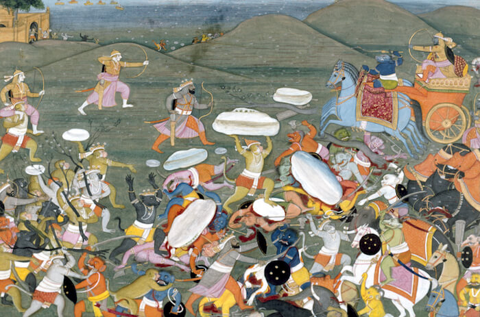 Indrajit (the bowman in the chariot) battling Rama and Lakshmana