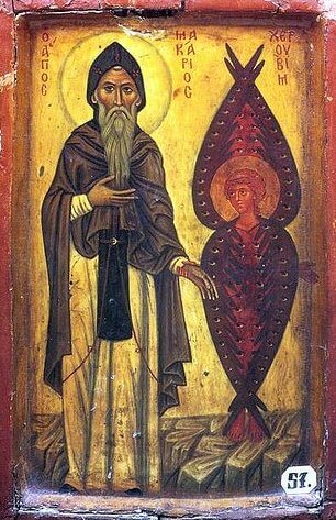 Icon depicting Saint Macarius of Egypt with a cherub