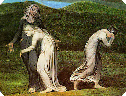 Naomi (in black) asks Ruth and Orpah to return to Moab in a painting by William Blake (1795)