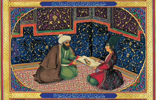 The sultan and Shahrazad in a 1856 illustration by Sani-ol-Molk from One Thousand and One Nights
